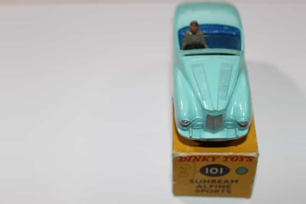 Vintage Dinky Toys Sunbeam Alpine Tourer model with driver, on its original box.