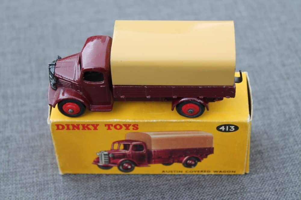 austin-covered-wagon-maroon-tand-tan-canopy-and-red-wheels-dinky-toys-413