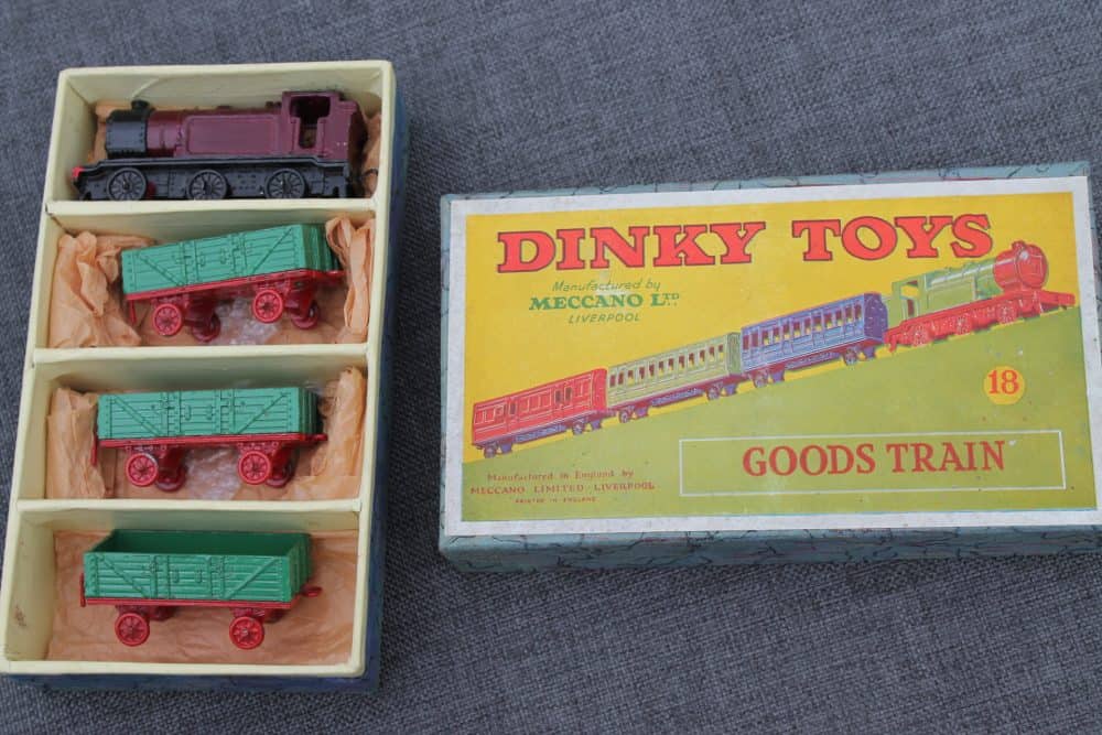 goods-train-set-maroon-train-and-green-and-red-trucks-dinky-toys18-pre-war-very-scarce-open-box