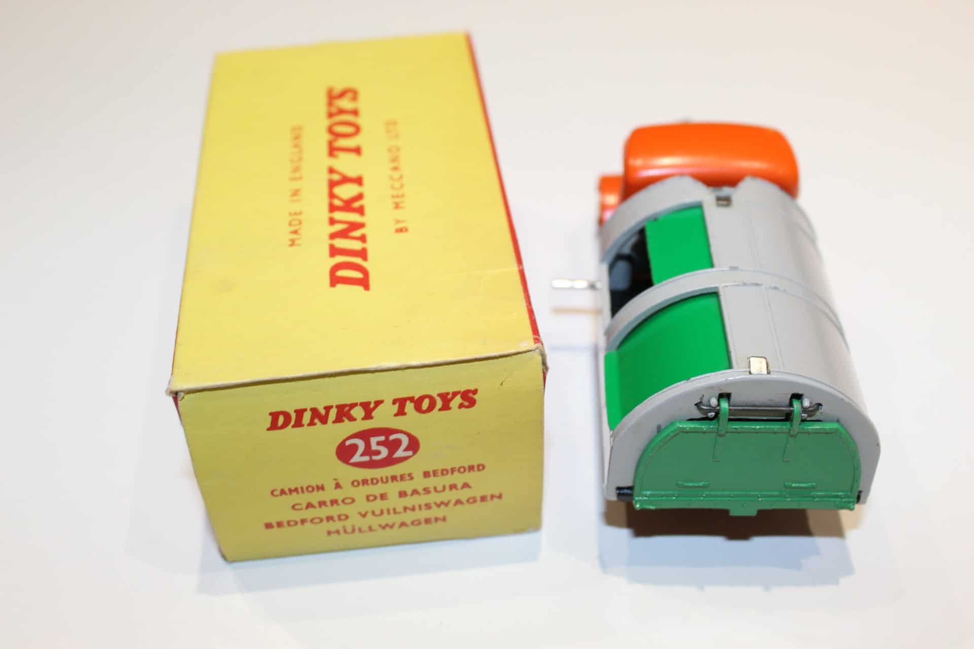 Dinky Toys 252 refuse wagon model with yellow box, collectible diecast toy vehicle.