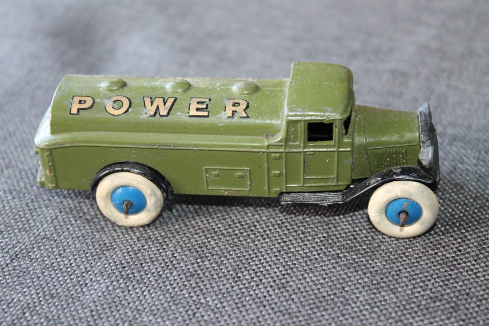 pre war petrol tanker type 2 dark olive green dinky toys 25d side