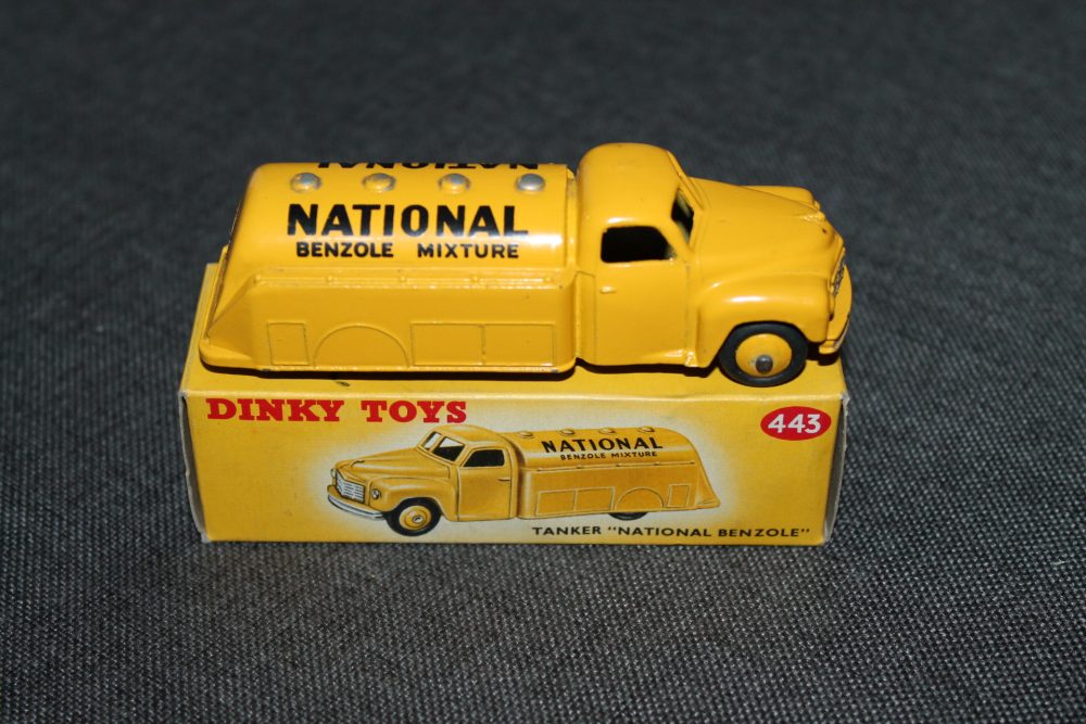 studebaker national benzole petrol tanker yellow dinky toys 443 side