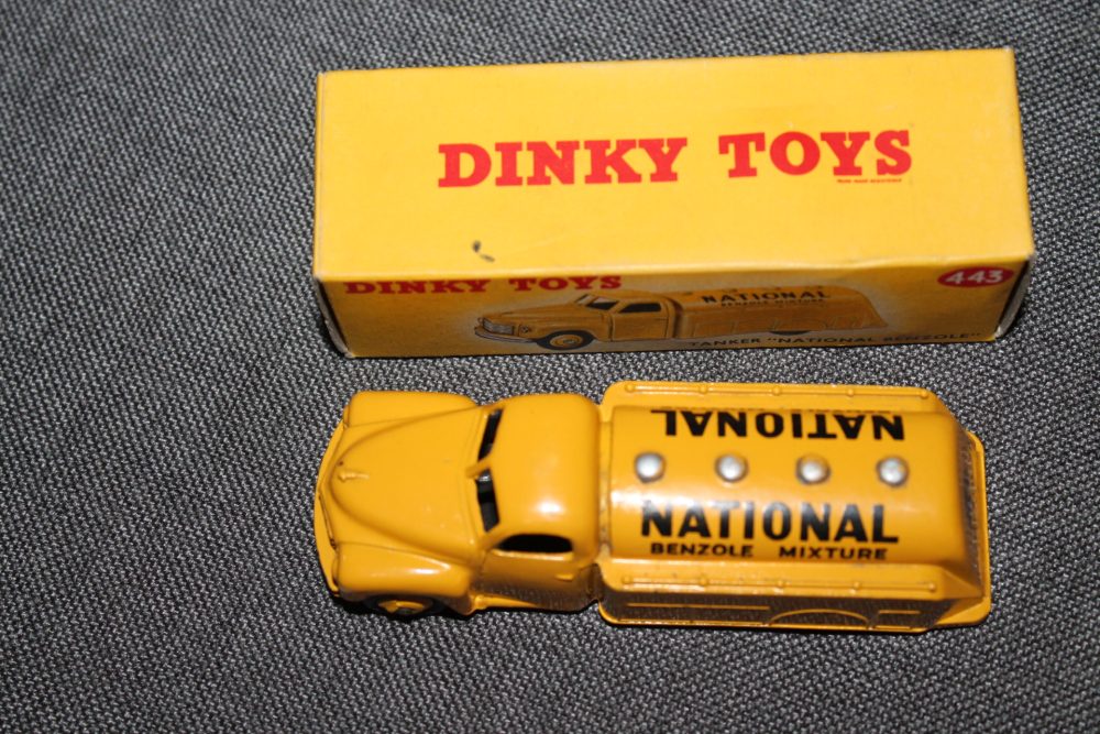 studebaker national benzole petrol tanker yellow dinky toys 443 top