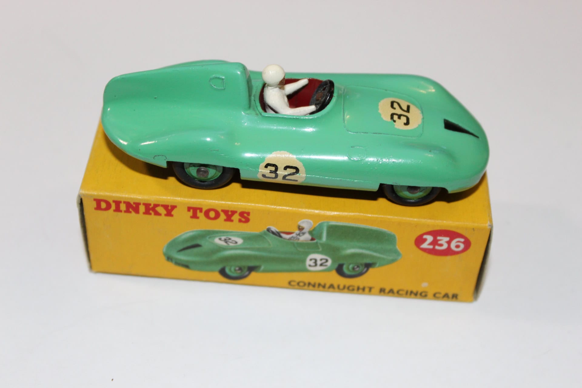 Vintage Dinky Toys Connaught Racing Car model, green diecast toy with racing number 32.