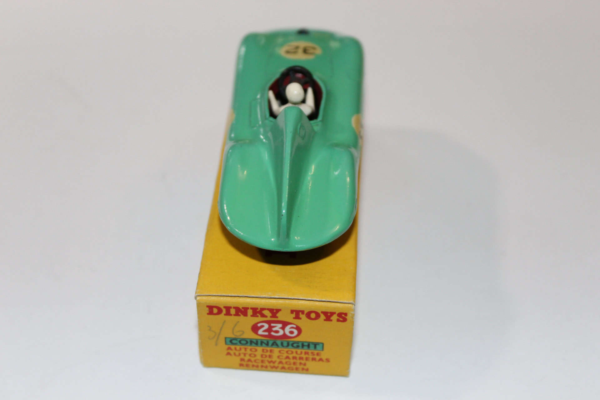 Vintage Dinky Toys 236 Connaught Racing Car model on original box.
