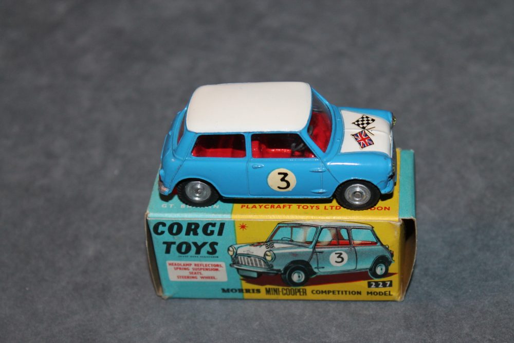 morris mini competition blue and white roof and bonnet corgi toys 227 side