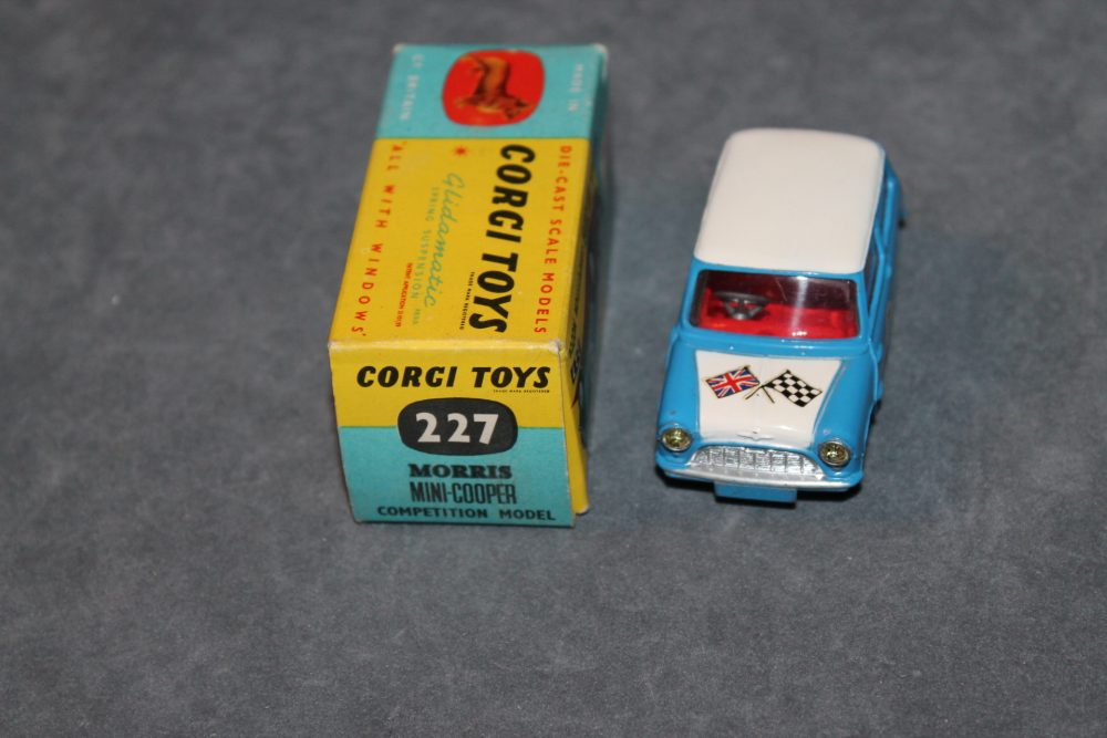 morris mini competition blue and white roof and bonnet corgi toys 227 front