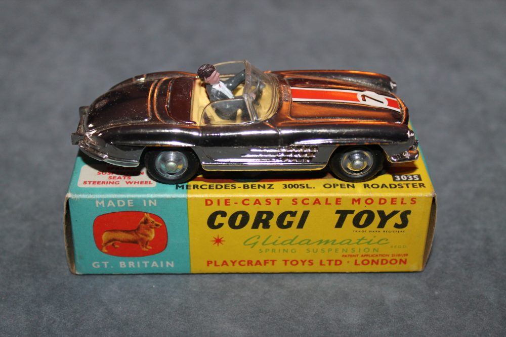 mercedes benz roadster in gold chrome corgi toys 303S side