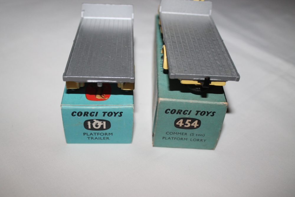 commer 5 ton platform lorry and seperate matching trailer corgi toys 454 and 101 back
