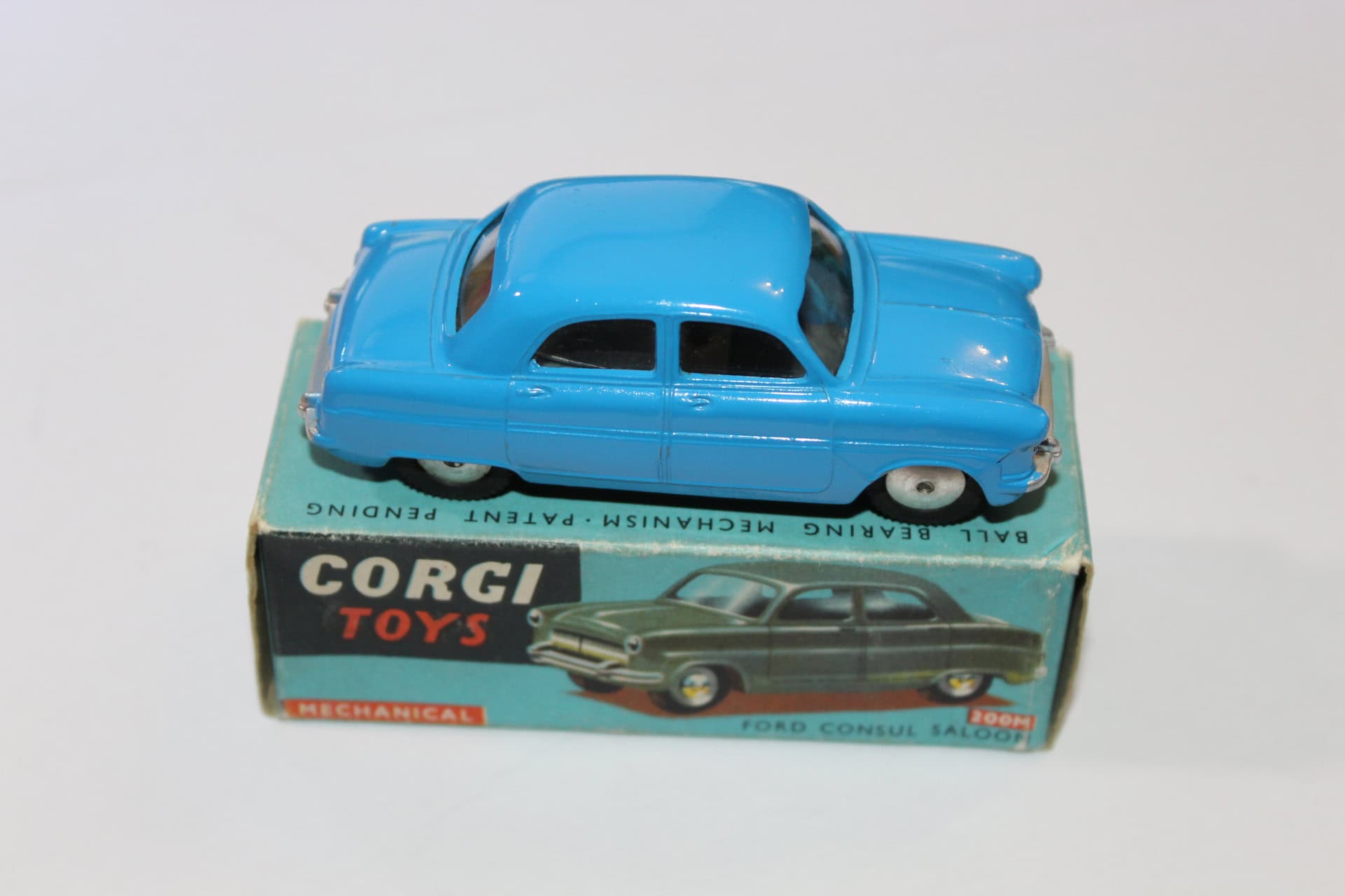 Vintage Corgi Toys 200M Ford Consul Saloon diecast model on original box.