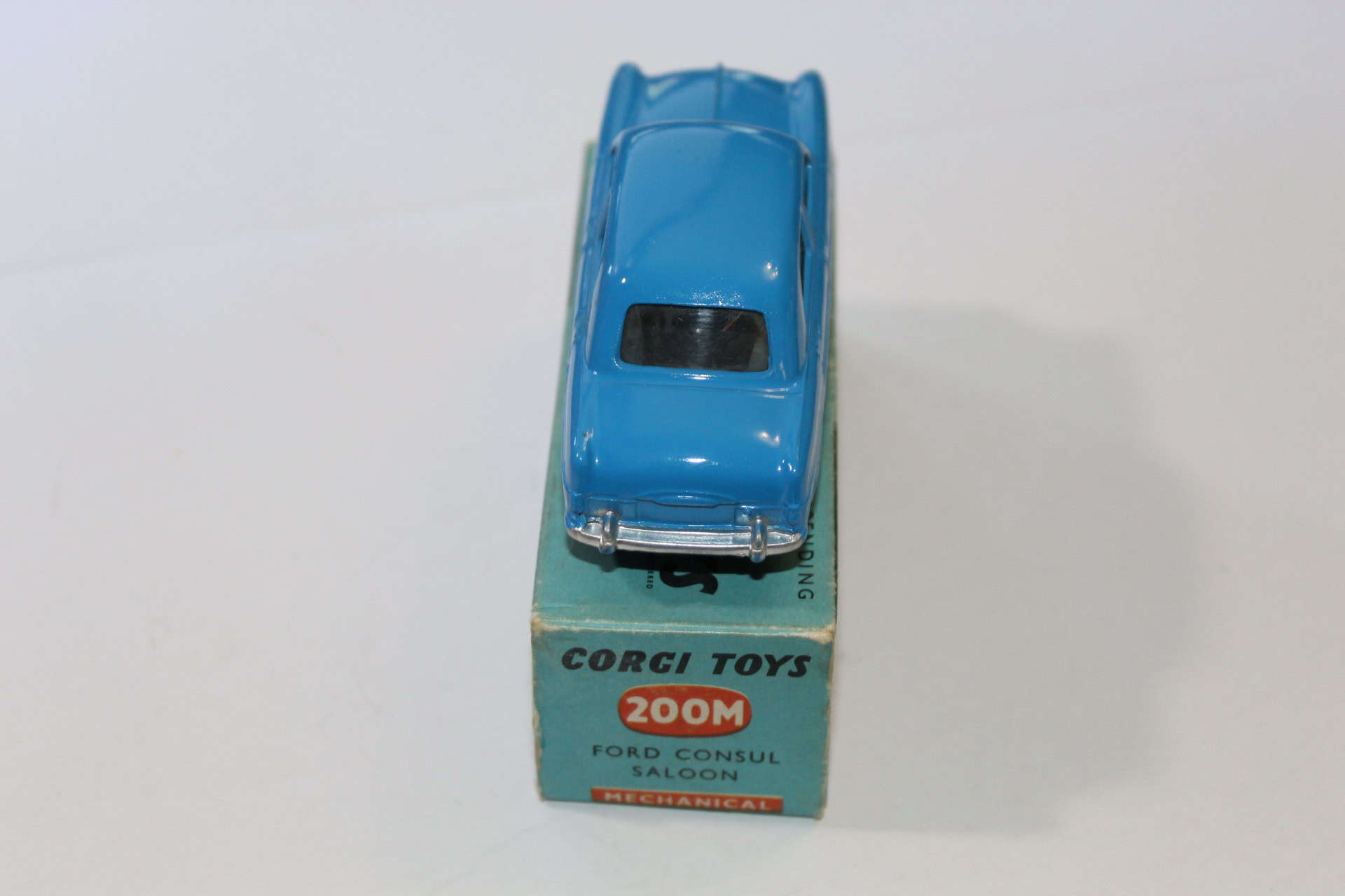 Detailed blue Corgi Toys 200M Ford Consul Saloon model on original packaging.