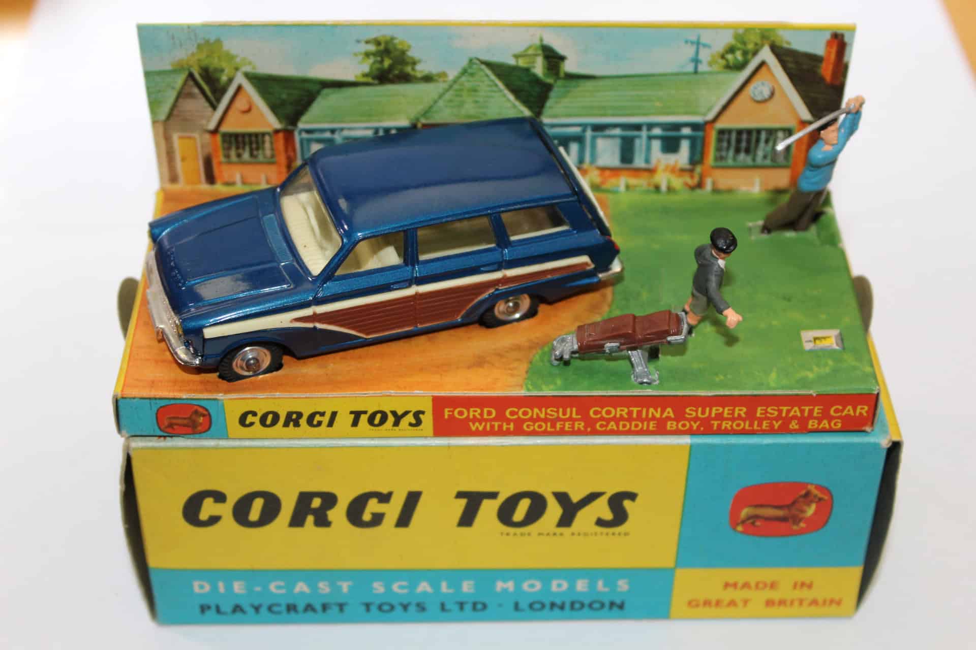 Detailed Corgi Toys Ford Consul Cortina golf set with miniature car, golfer, and accessories.