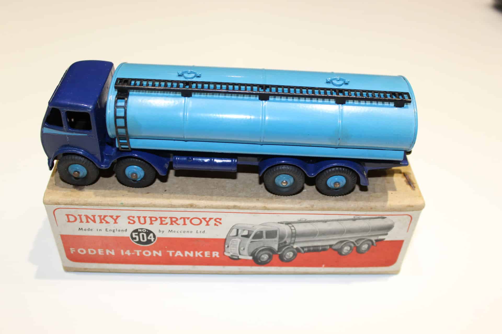 Vintage Dinky Toys 504 Foden Tanker model in blue with original box.