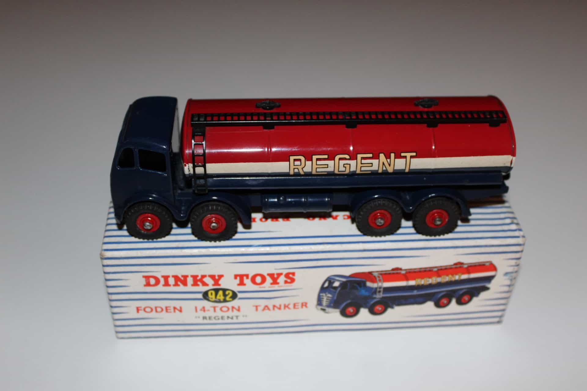 Vintage Dinky Toys 942 Foden Regent Tanker model truck with detailed paintwork.