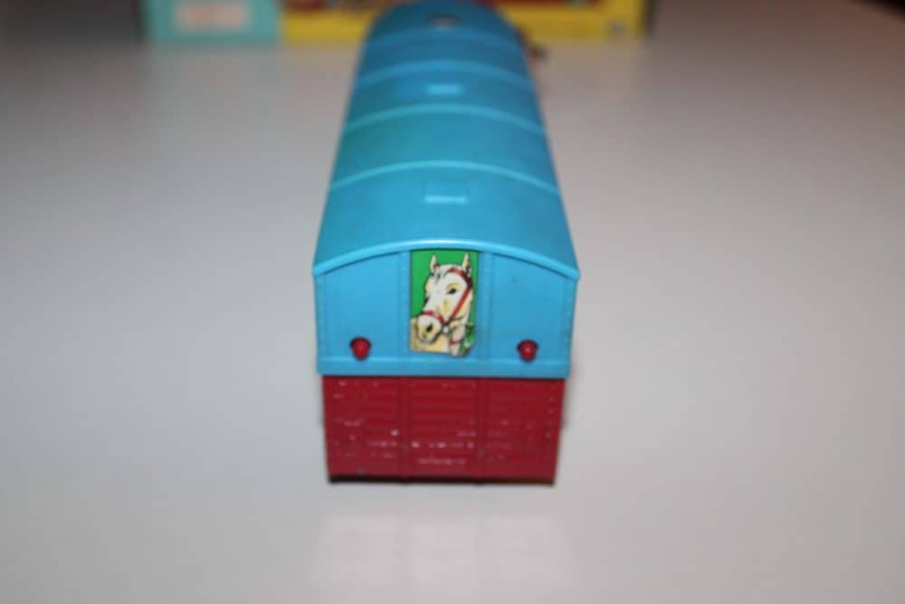Vintage Corgi Circus Horse Transporter toy with colourful design and horse illustration.