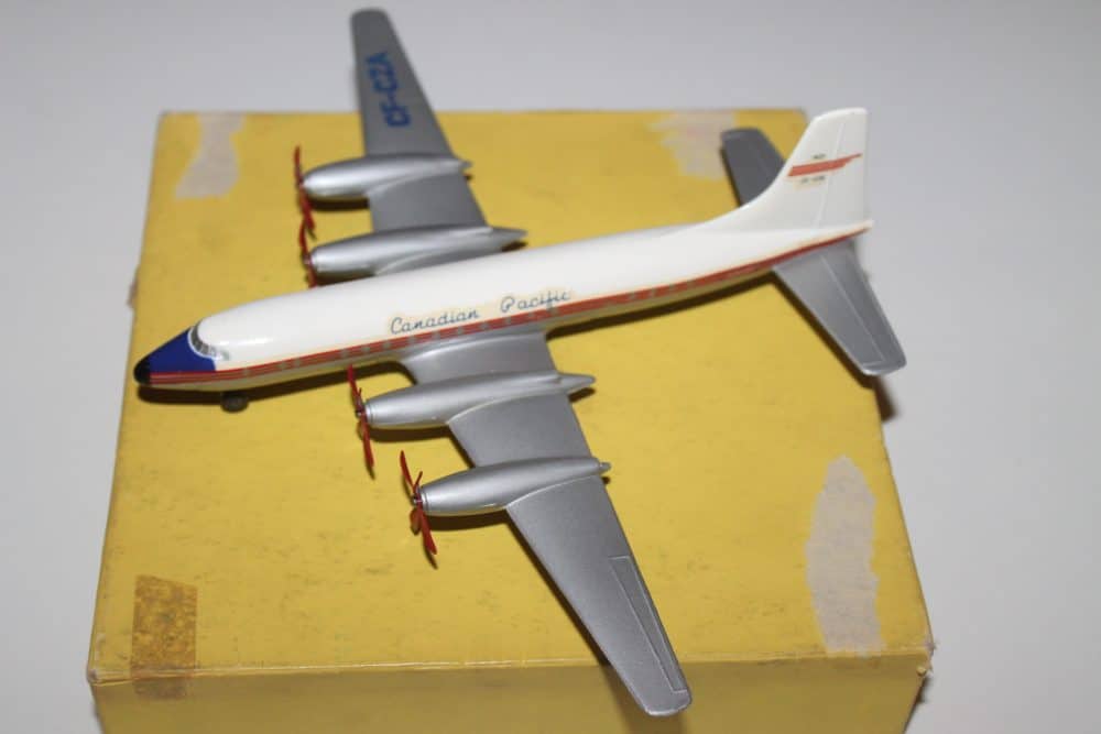 Dinky Toys 998 Canadian Pacific Bristol Britannia model airplane on yellow box.