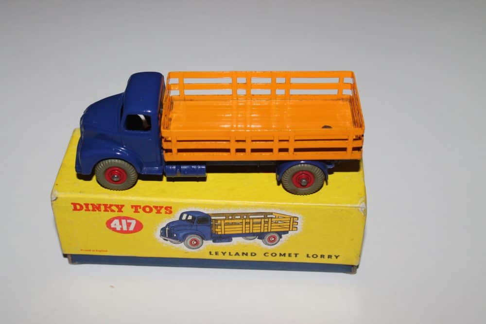 Dinky Toys 417 Leyland Comet Wagon diecast model on original box, vintage toy vehicle.