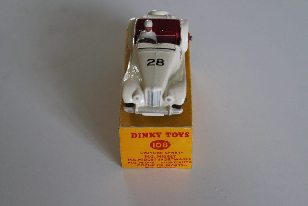 Dinky Toys 108 MG Midget Competition diecast model car on original box.