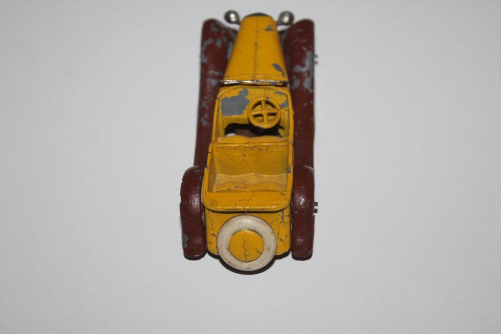 Vintage yellow and brown diecast toy car from Dinky Toys, 4-seater sports model.