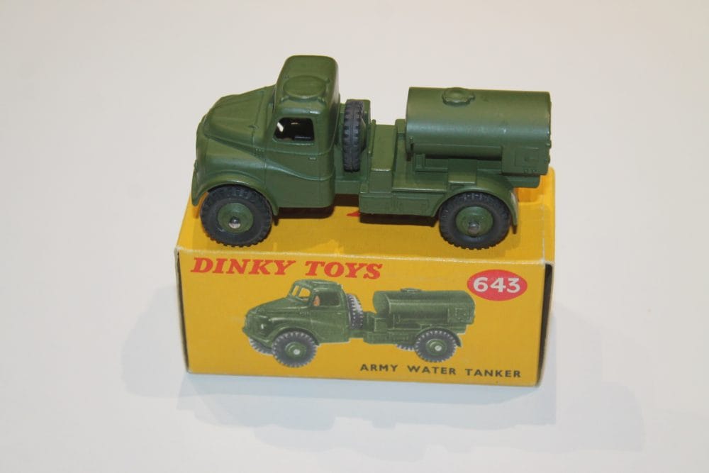 Dinky Toys 643 Army Water Tanker diecast model on original box, military toy vehicle, collectible wa.