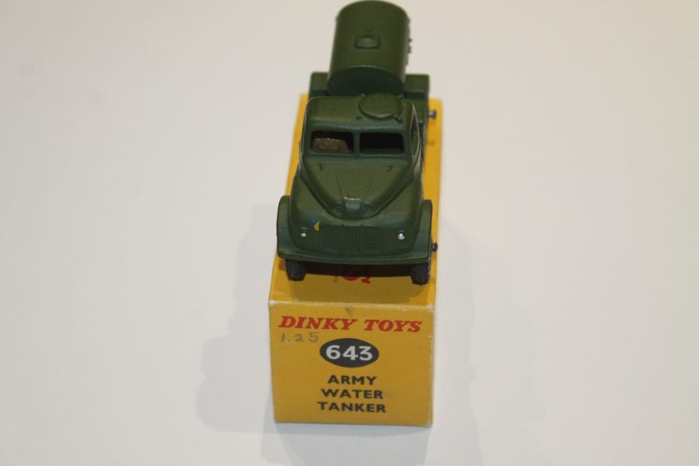 Dinky Toys 643 Army Water Tanker diecast model on yellow box, military vehicle collectible.