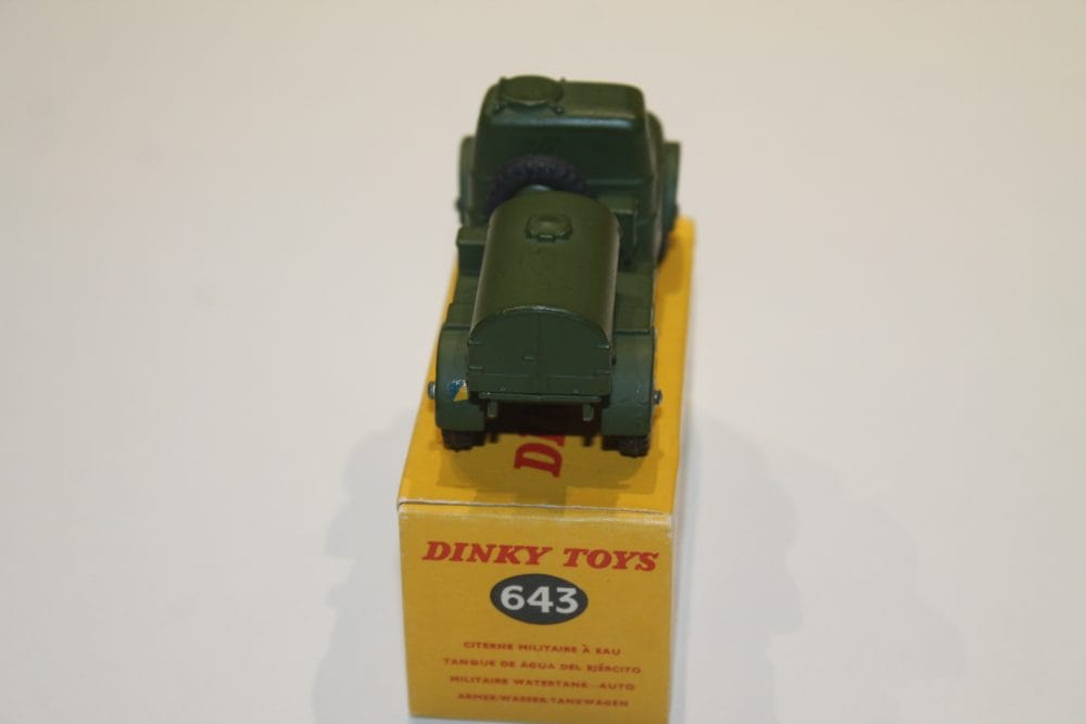 Vintage Dinky Toys 643 army water tanker model on yellow packaging box.
