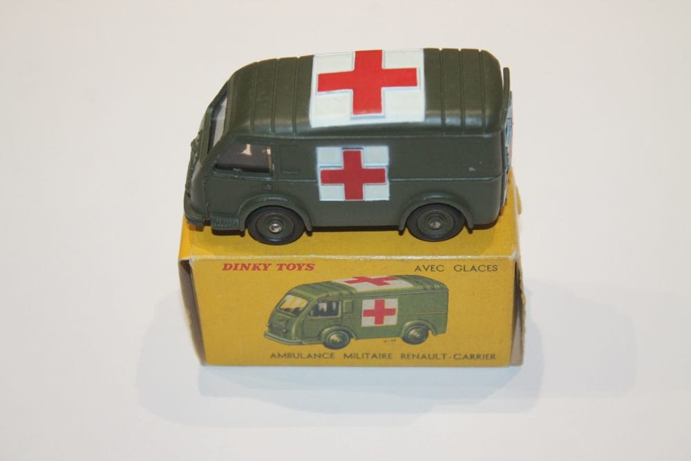 Vintage Dinky Toys French Military Ambulance with Red Cross markings, collectible diecast model.