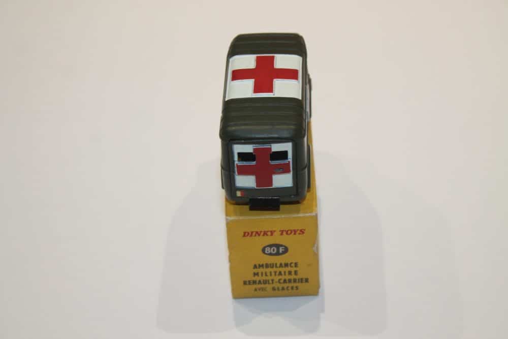 Vintage Dinky Toys French Military Ambulance model with red cross symbol, part of the 080F series.