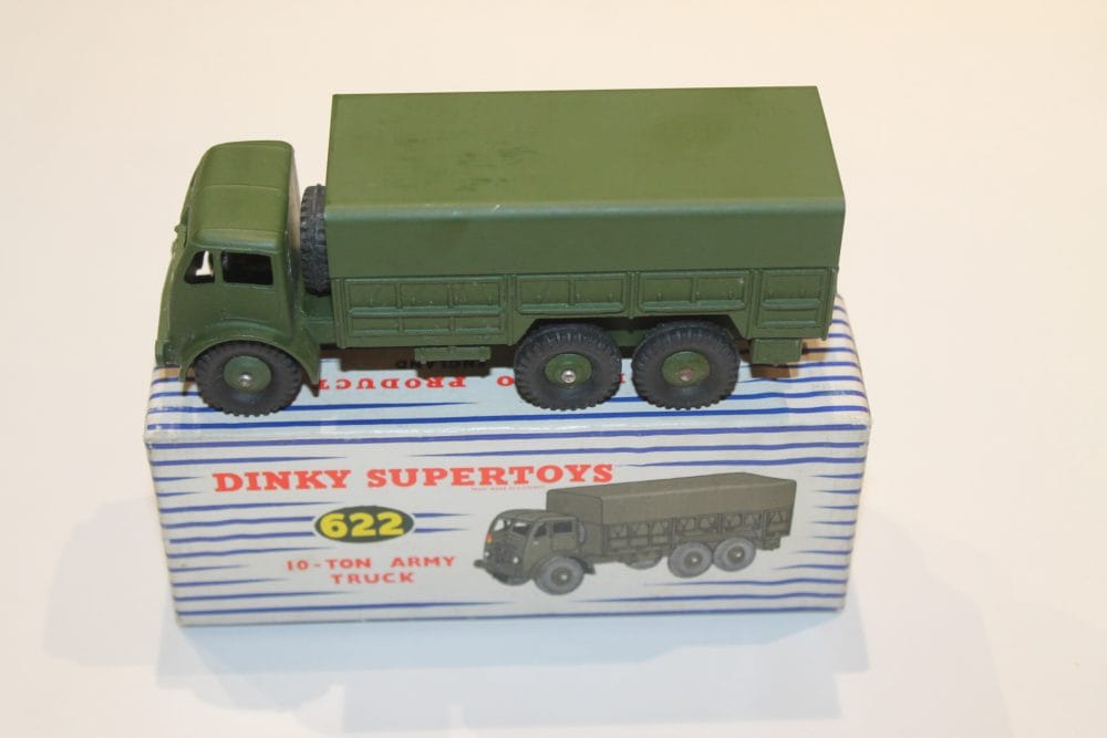 Dinky Toys 622 10-Ton Army Truck model on its original box, military vehicle collectible.