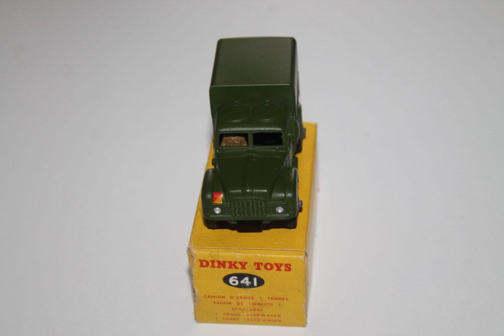 Dinky Toys 641 Army 1-Ton Cargo Truck model on its original box, detailed military vehicle replica.