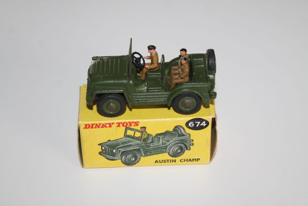 Vintage Dinky Toys 674 Austin Champ military vehicle with two figures.