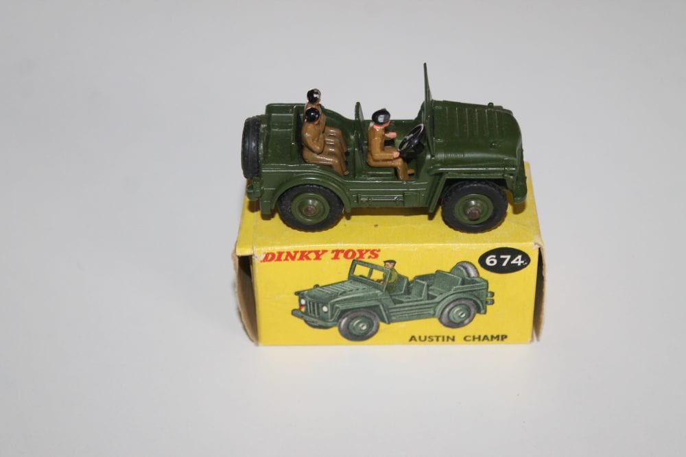 Vintage Dinky Toys 674 Austin Champ model with driver and passenger.