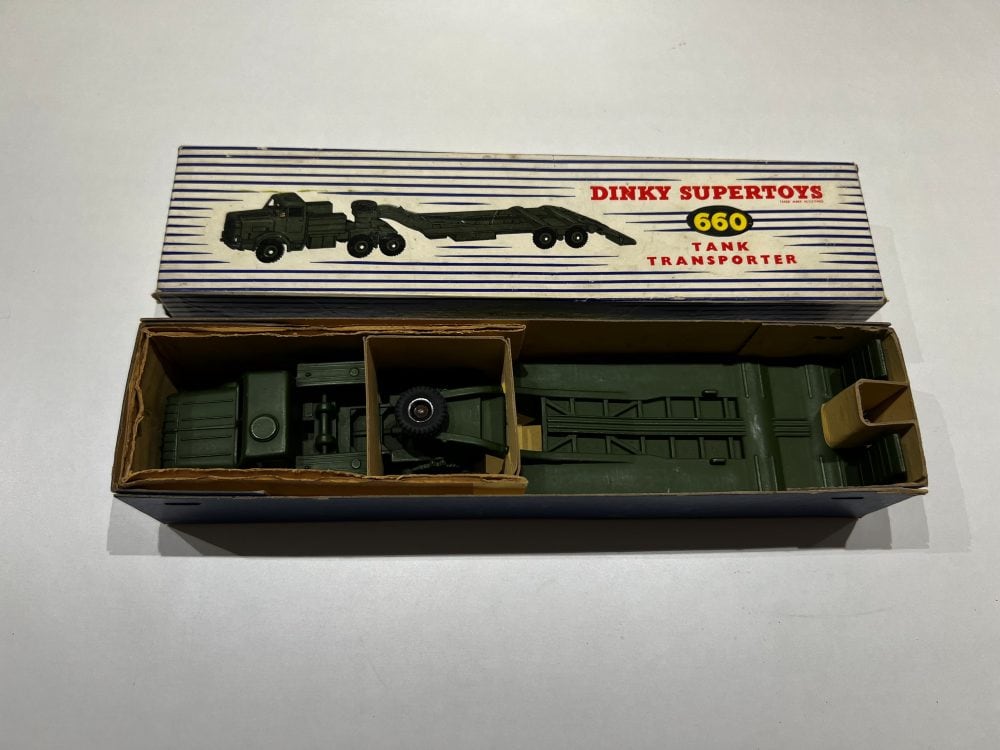 Vintage Dinky Toys 660 Tank Transporter model in original box, collectible diecast vehicle.