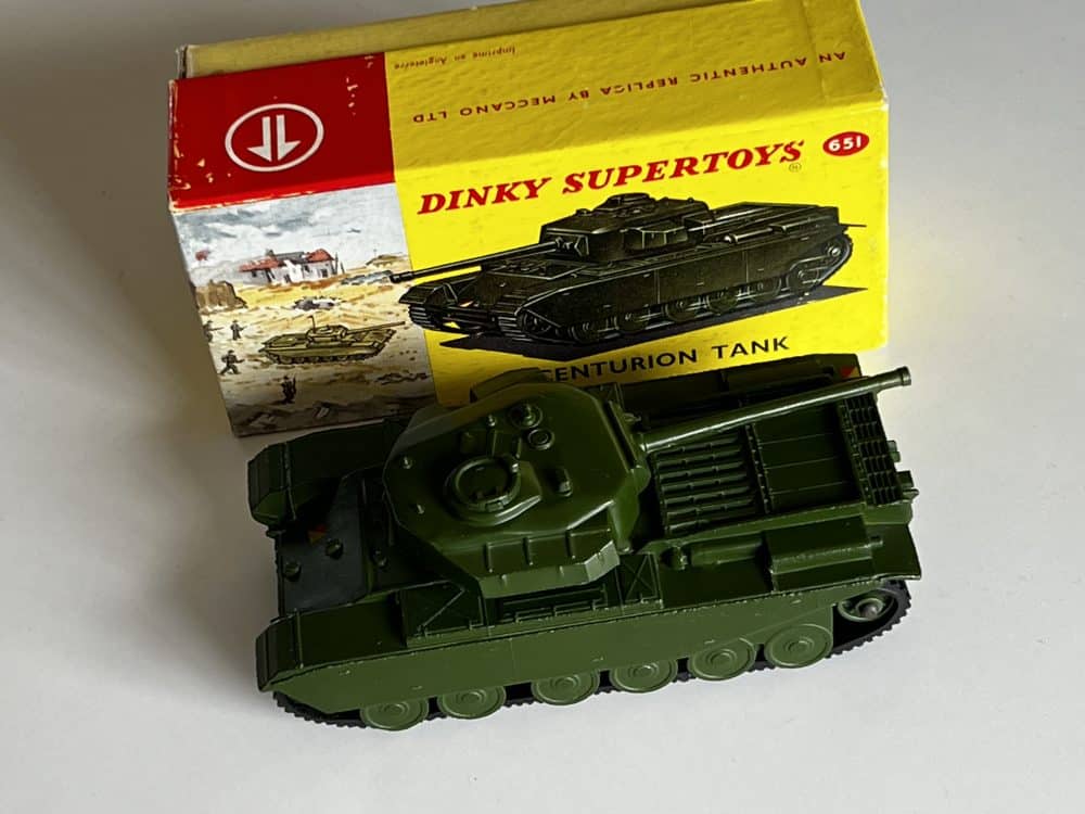 Dinky Toys 651 Centurion Tank model in original box, detailed diecast military vehicle.