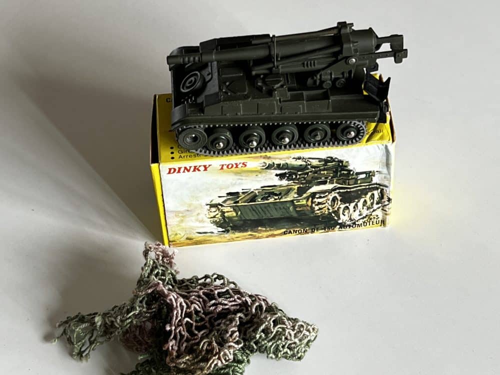 Dinky Toys French AMX tank model with 155mm gun, detailed diecast military vehicle.