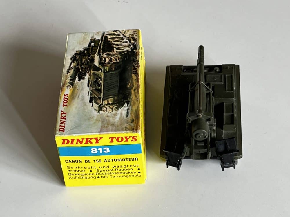 Dinky Toys 813 AMX tank with 155mm ABS gun and original box.