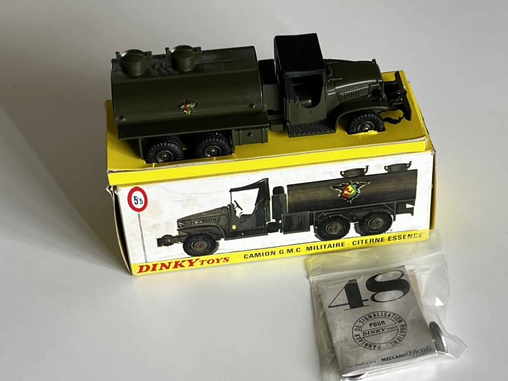Vintage Dinky Toys G.M.C. military petrol tanker model in original box.