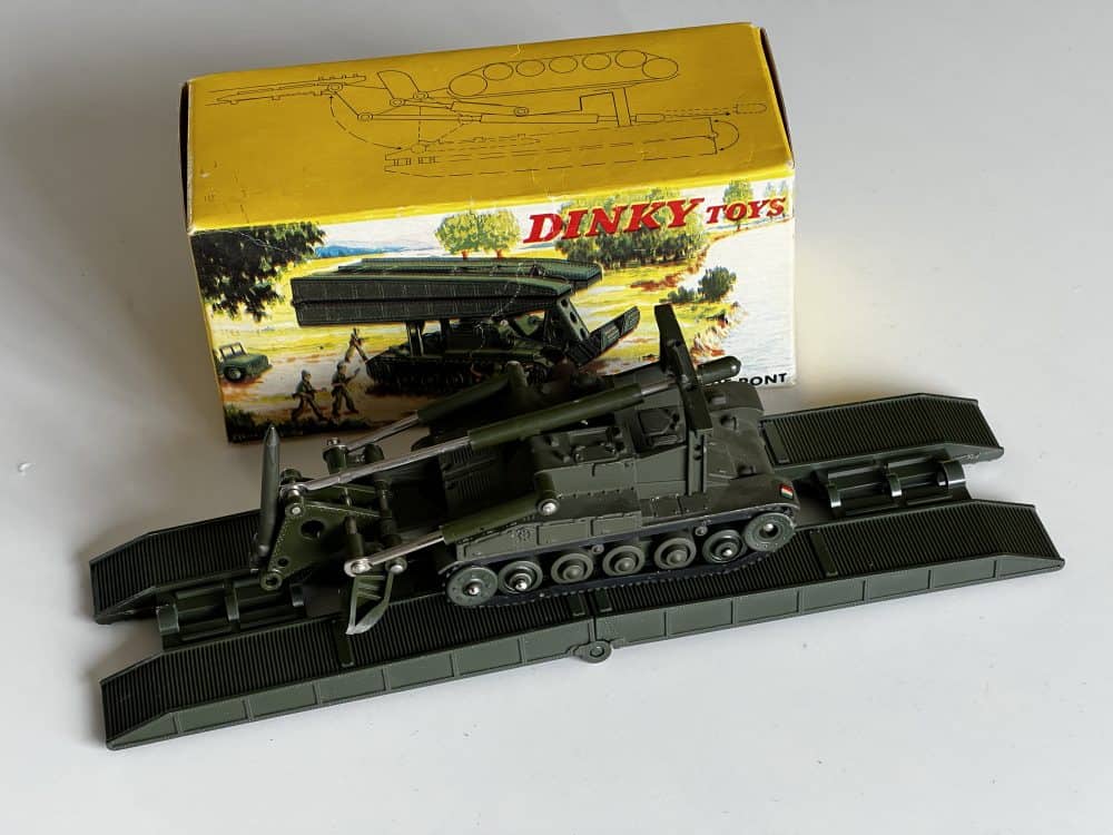 Dinky 883 Char AMX bridge layer diecast model on display with original box.