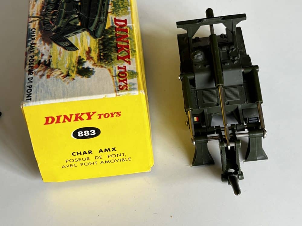 Dinky 883 Char AMX bridge layer diecast model with removable bridge component.