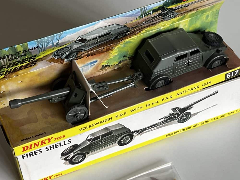 Dinky 617 Volkswagen KDF with 50MM P.A.K. Anti-Tank Gun toy model in packaging.