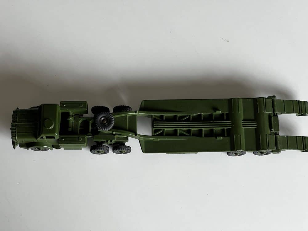 Dinky Toys 660 military tank transporter model, green diecast vehicle for collectors.