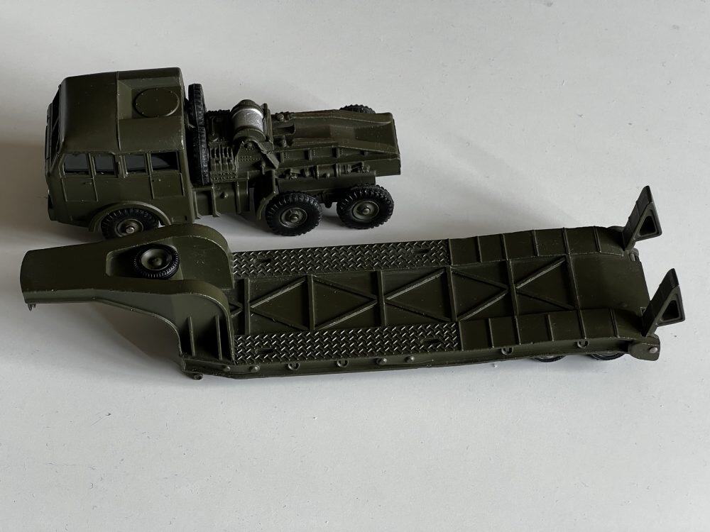 Dinky 890 Berliet tank transporter model with detailed window glazing and detachable trailer.