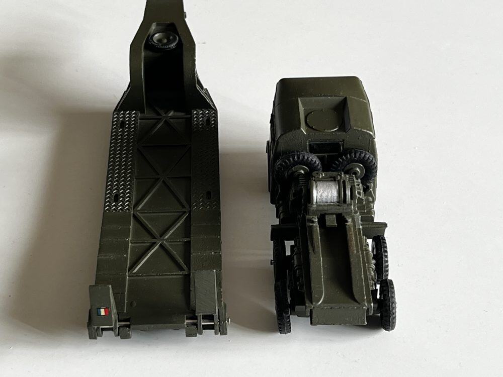 Vintage French Dinky 890 Berliet tank transporter with detachable tank and window glazing.