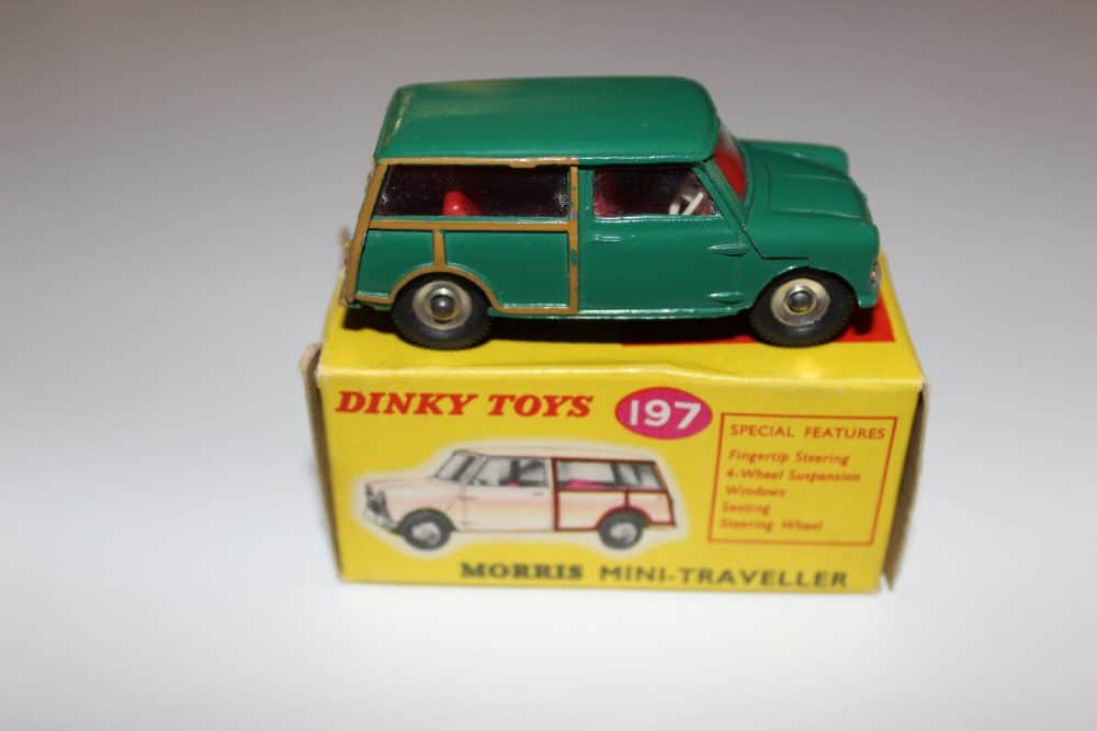 Vintage Dinky Toys 197 Morris Mini Traveller diecast model on original box.