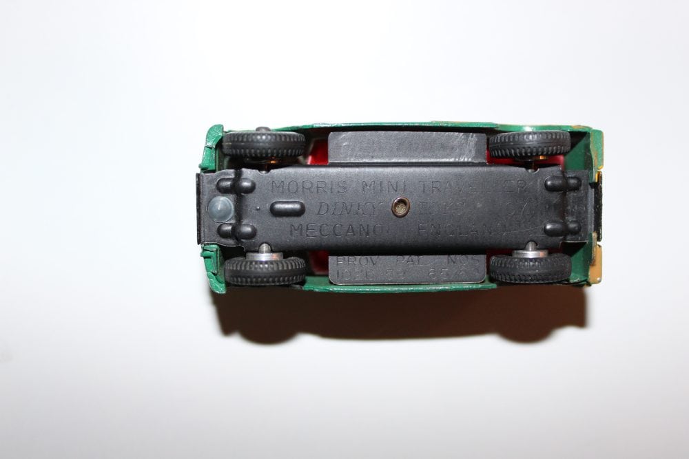 Vintage Dinky Toys 197 Morris Mini Traveller diecast model, underside view.