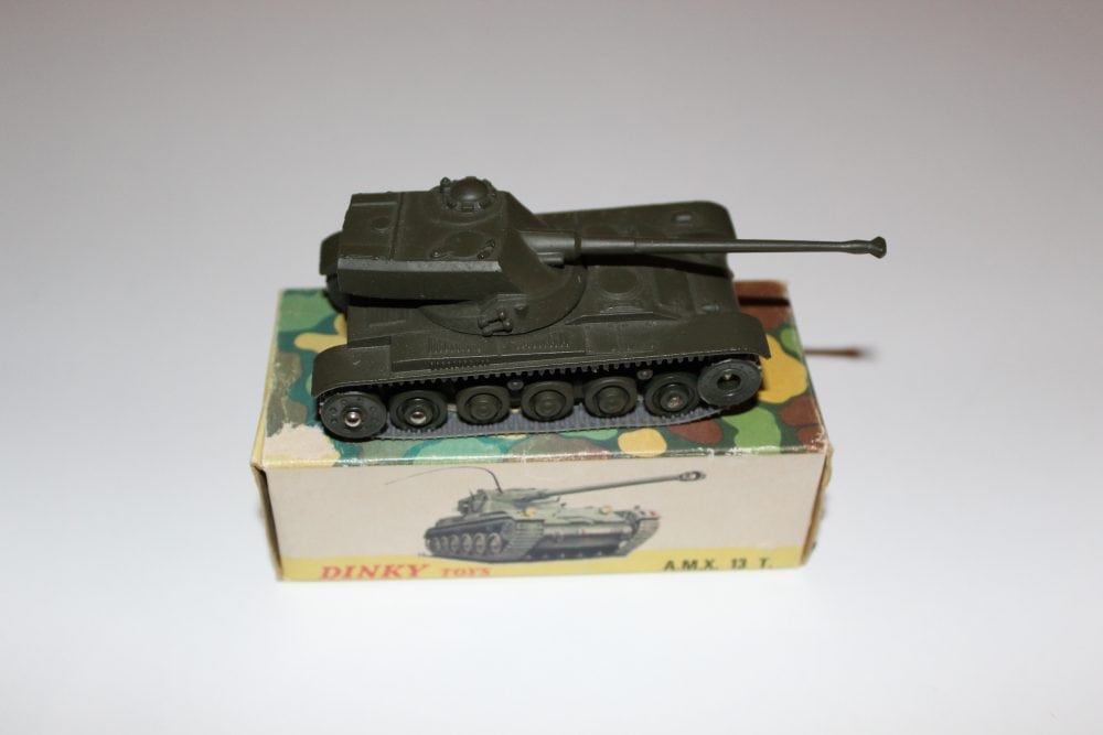 Dinky Toys 801 A.M.X. 13 T military tank model on original box, collectible diecast toy.