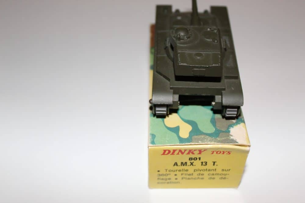 Detailed model of Dinky Toys 801 A.M.X. 13 T tank on its original box.