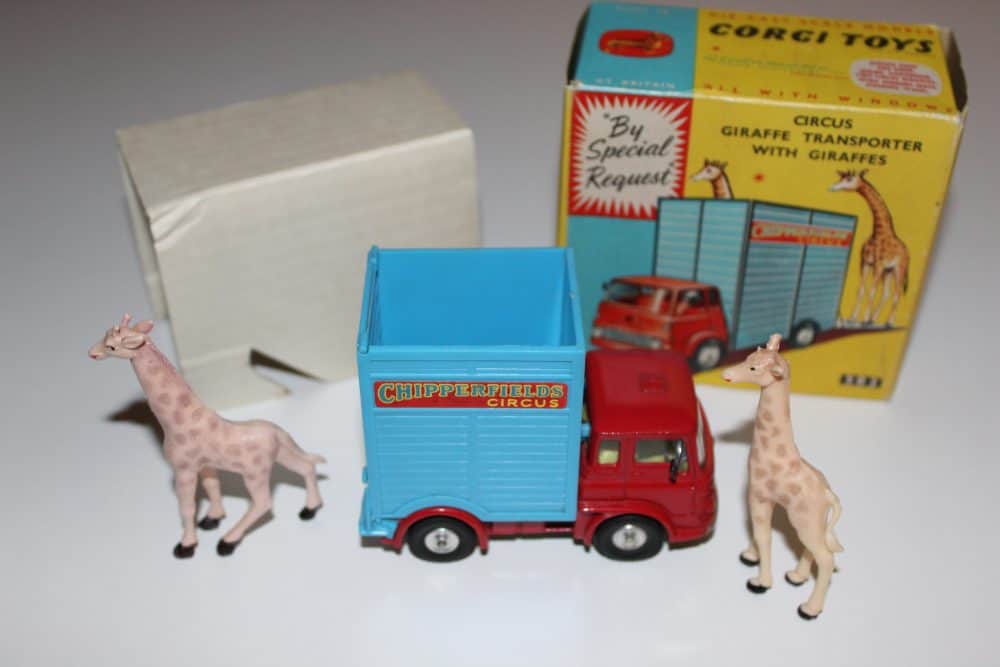Detailed Corgi Toys 503 Chipperfields Circus giraffe transporter with giraffes and box.