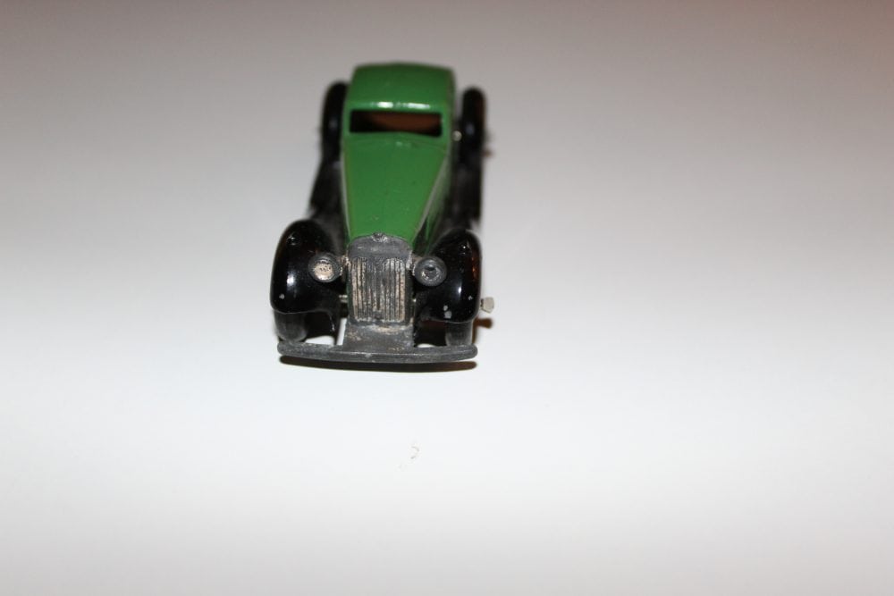 Vintage Dinky Toys 36d Rover diecast model car, green and black, collectible toy.