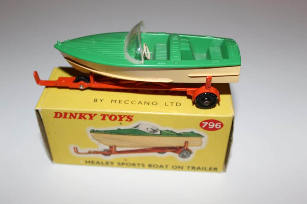 Vintage Dinky Toys 796 Healey Sports Boat on Trailer, collectible model on yellow box.